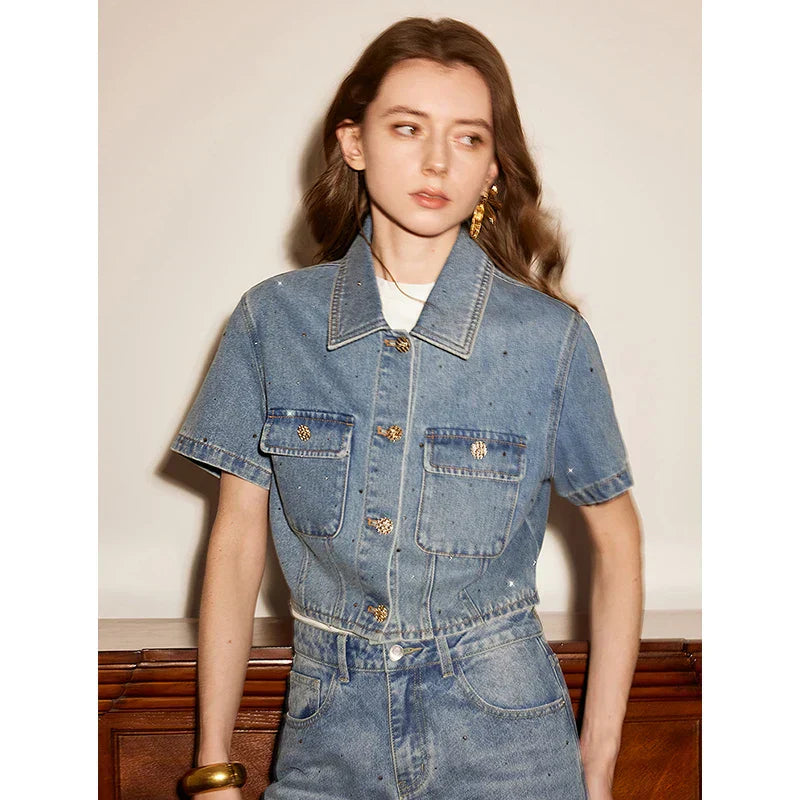Rhinestone Short Sleeve Denim  Jacket
