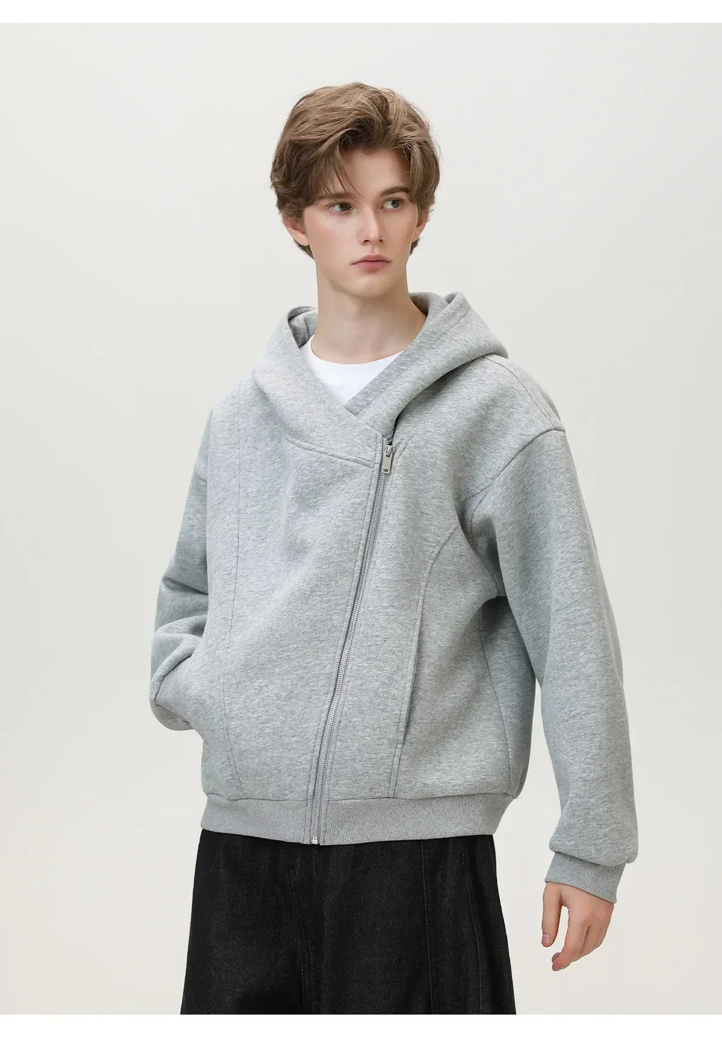 Textured Slant Zipper Hooded Sweatshirt