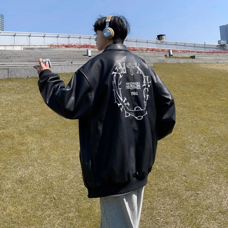 Vintage Embroidered PU Baseball Leather Jacket