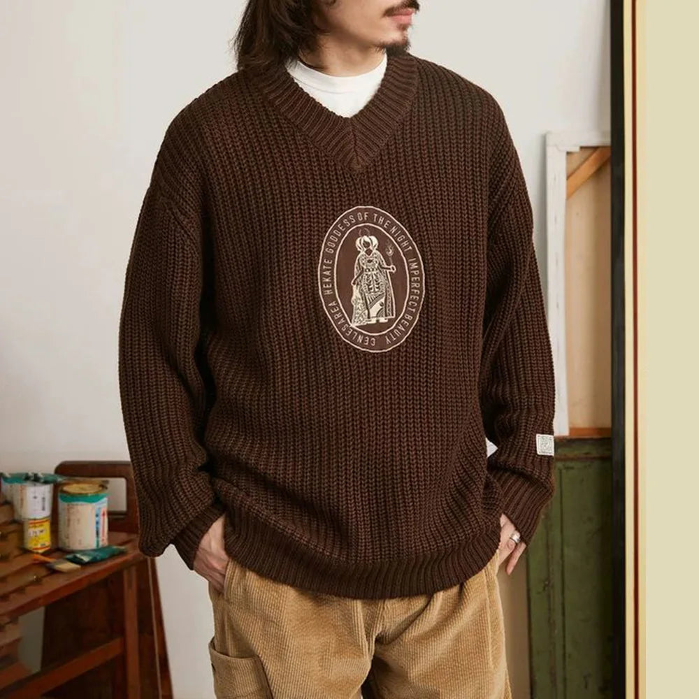 Classic Knitted Letter Badge V-Neck Sweater