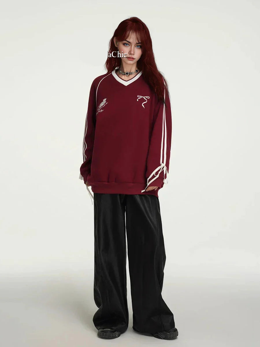 Retro Red Baseball Stripe Fleece Sweatshirt