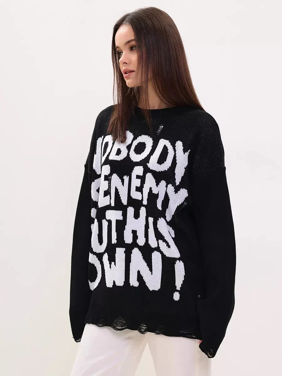 Women Retro Oversized Letter Printed Sweater