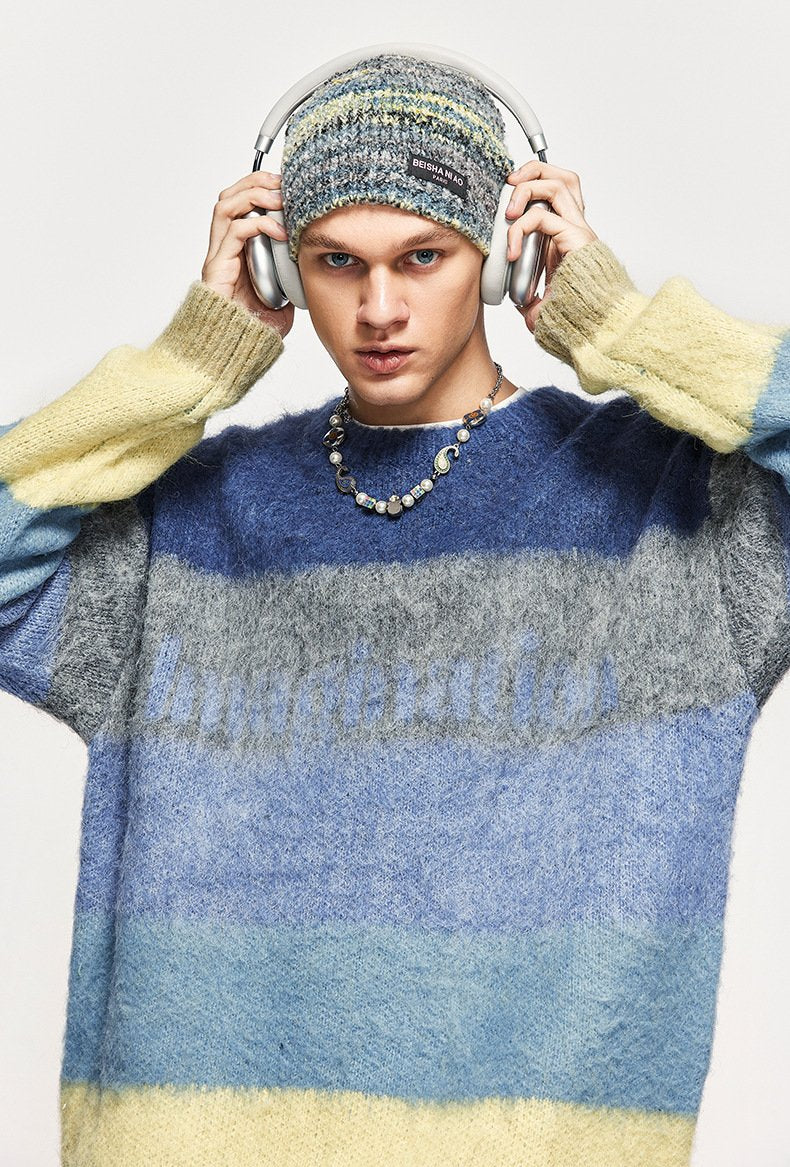 Fuzzy Loose Striped Contrast Color Sweater