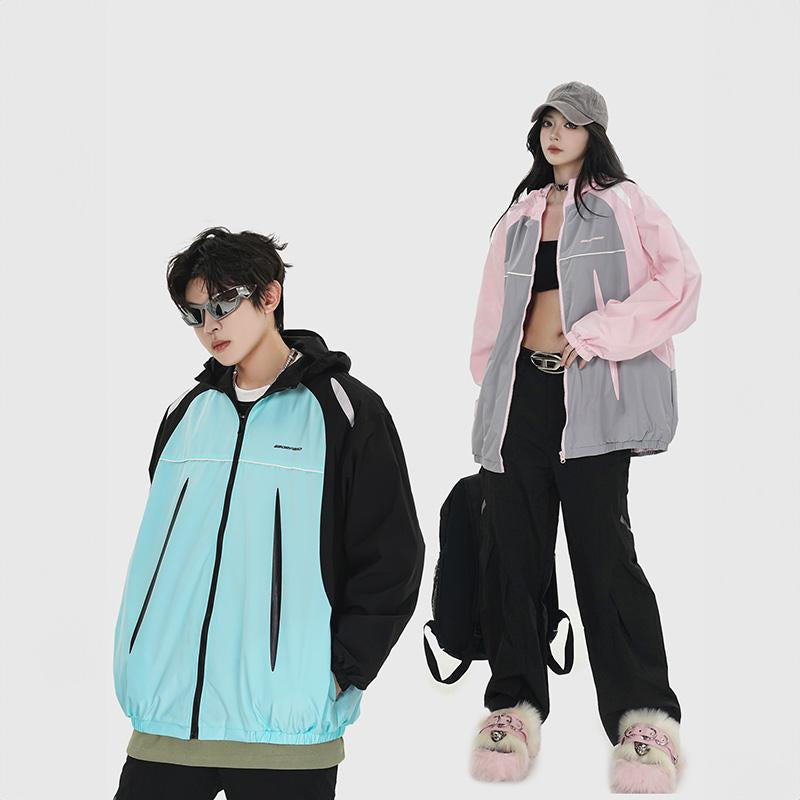 Retro Color Block Hooded Windbreaker Jacket