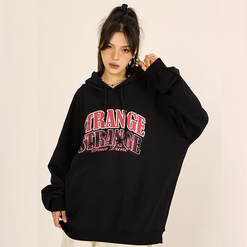 "Strange" Faded Letter Print Hoodie
