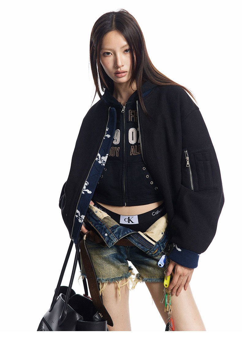 Y2K Floral-Trimmed Zip-Up Varsity Jacket