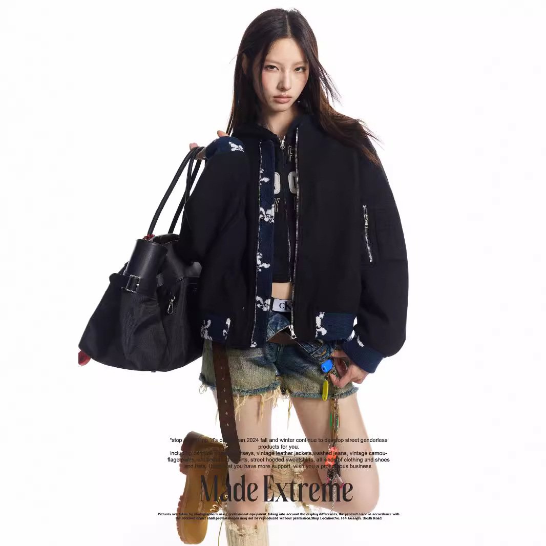 Y2K Floral-Trimmed Zip-Up Varsity Jacket