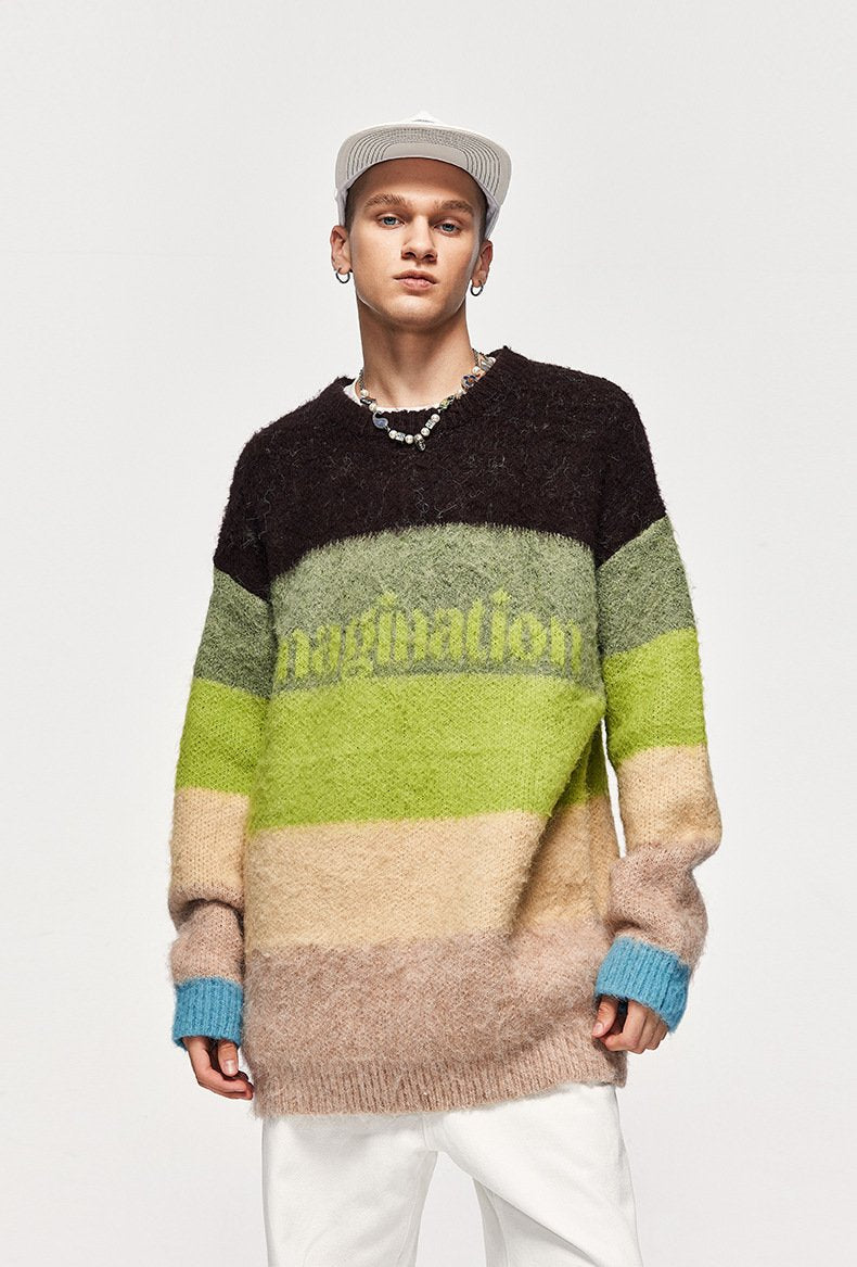 Fuzzy Loose Striped Contrast Color Sweater