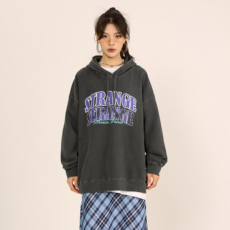 "Strange" Faded Letter Print Hoodie