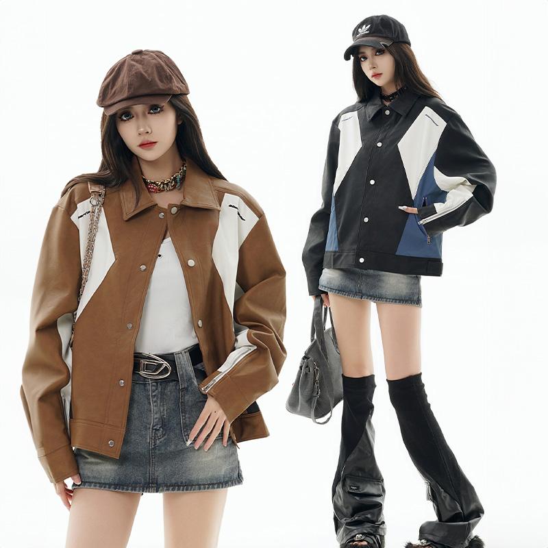 Retro Color Block PU Leather Jacket