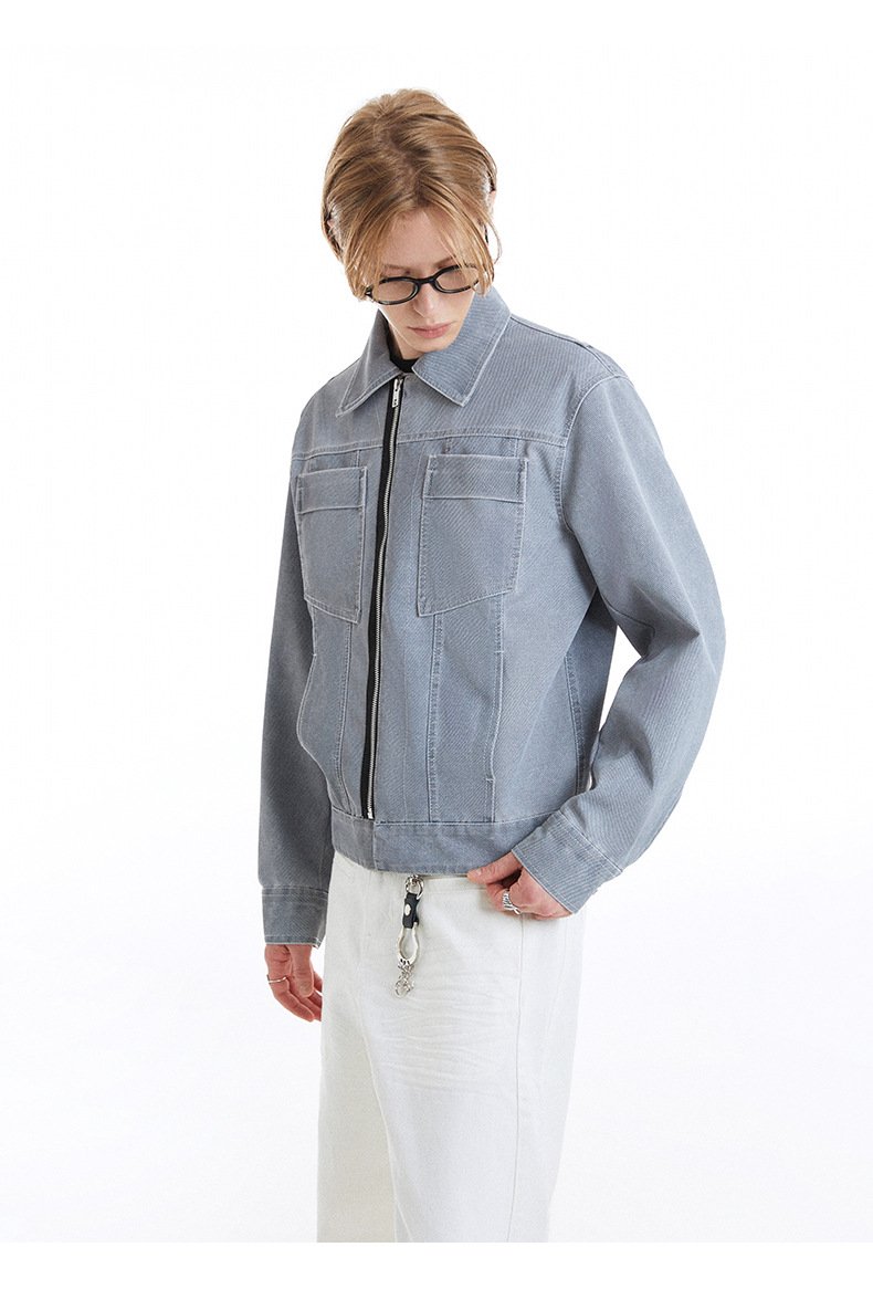 Turn-down collar Zip-Up Denim Jacket