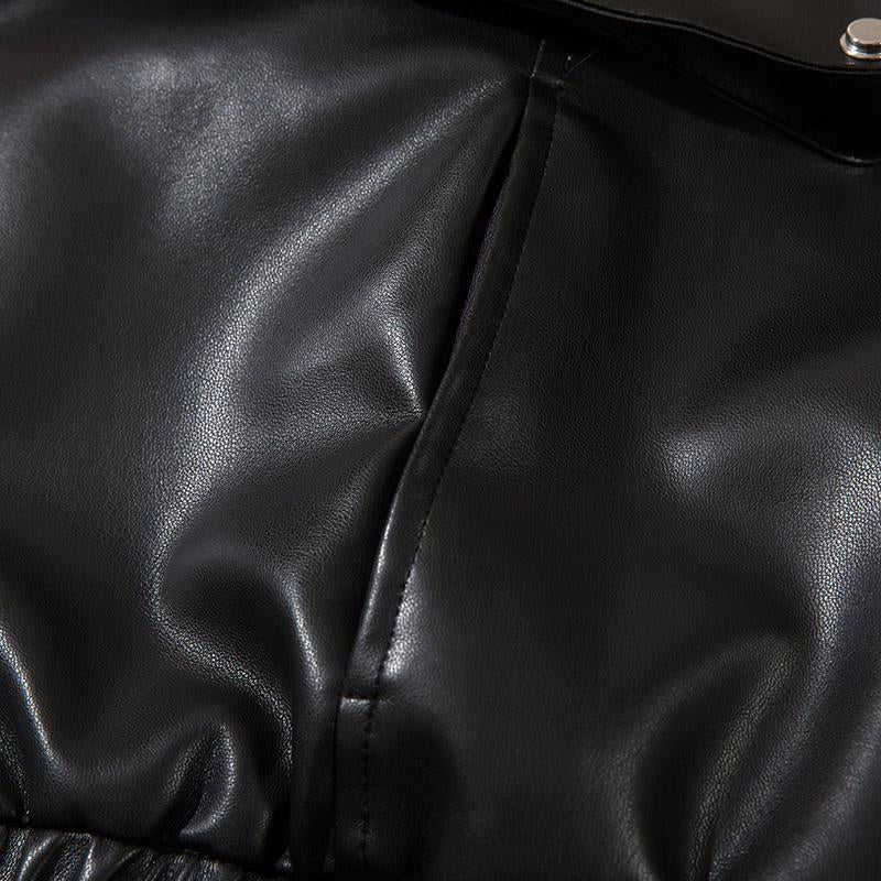 Solid Color Pockets Leather Jacket