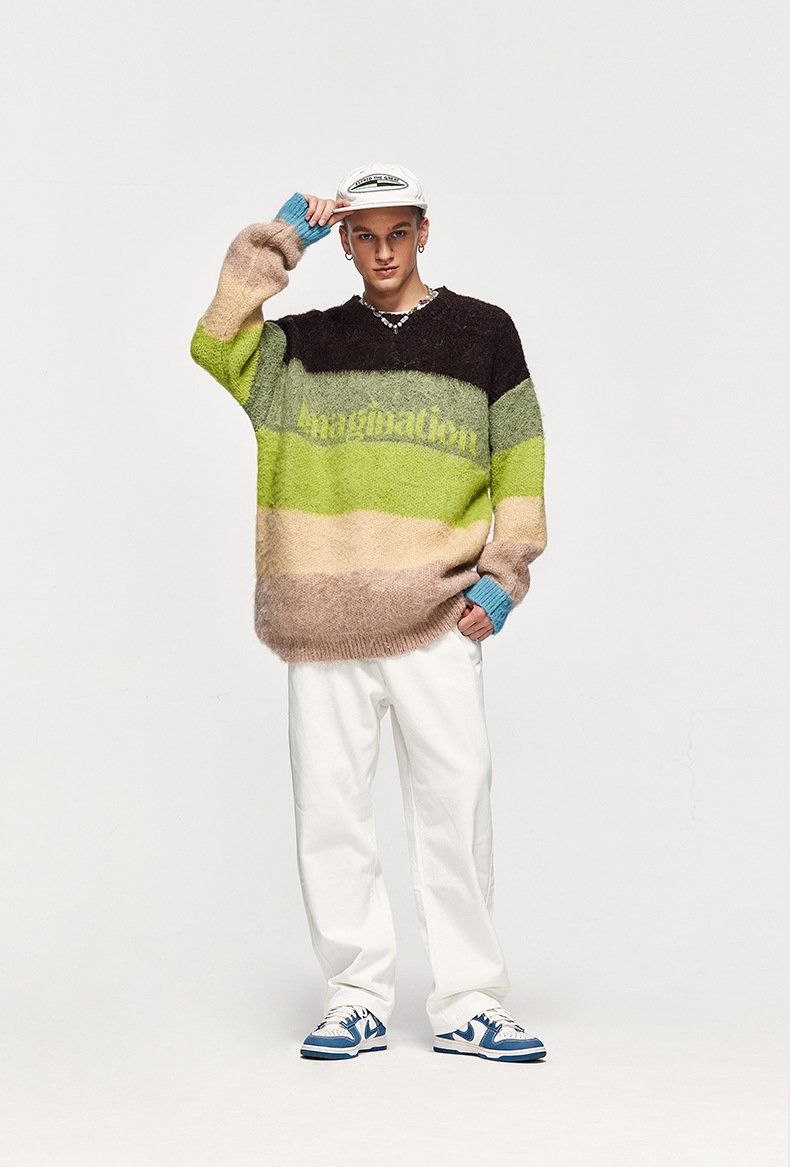 Fuzzy Loose Striped Contrast Color Sweater