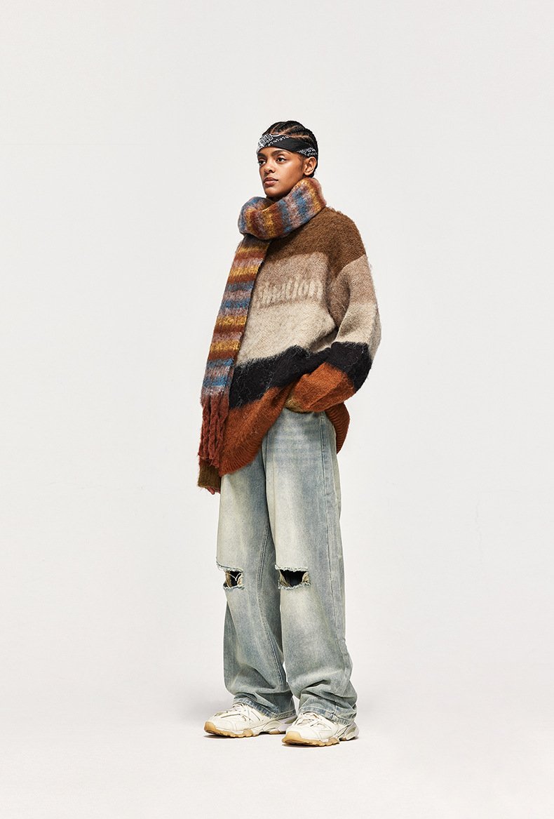 Fuzzy Loose Striped Contrast Color Sweater